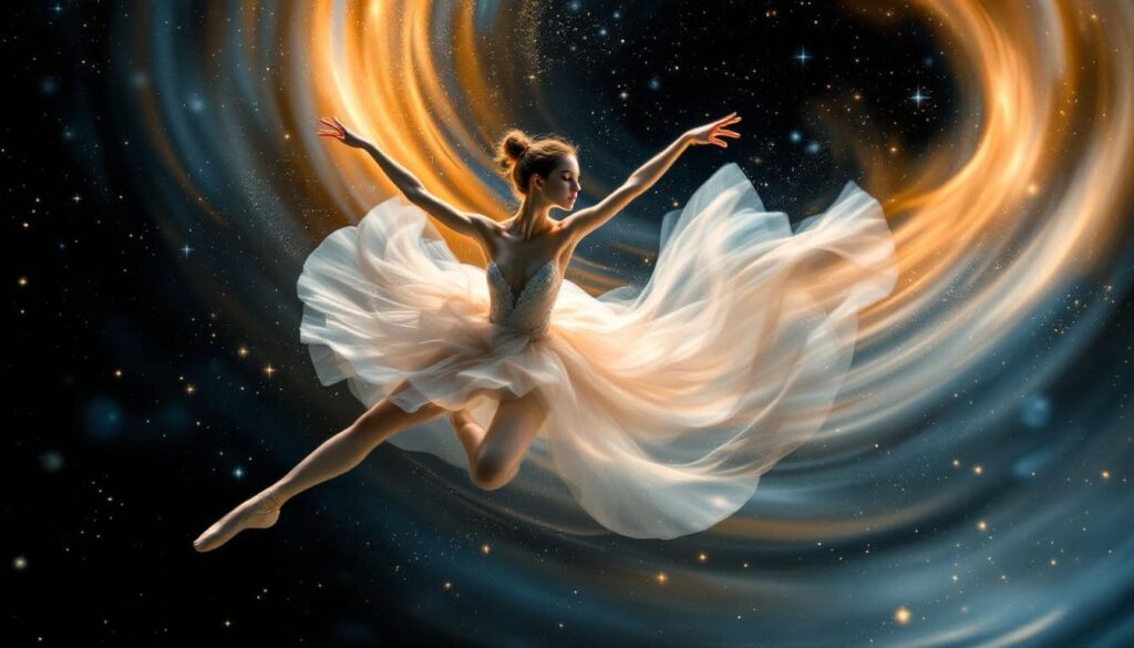 A professional ballet dancer performing a graceful move, symbolizing the blend of dance and physics.