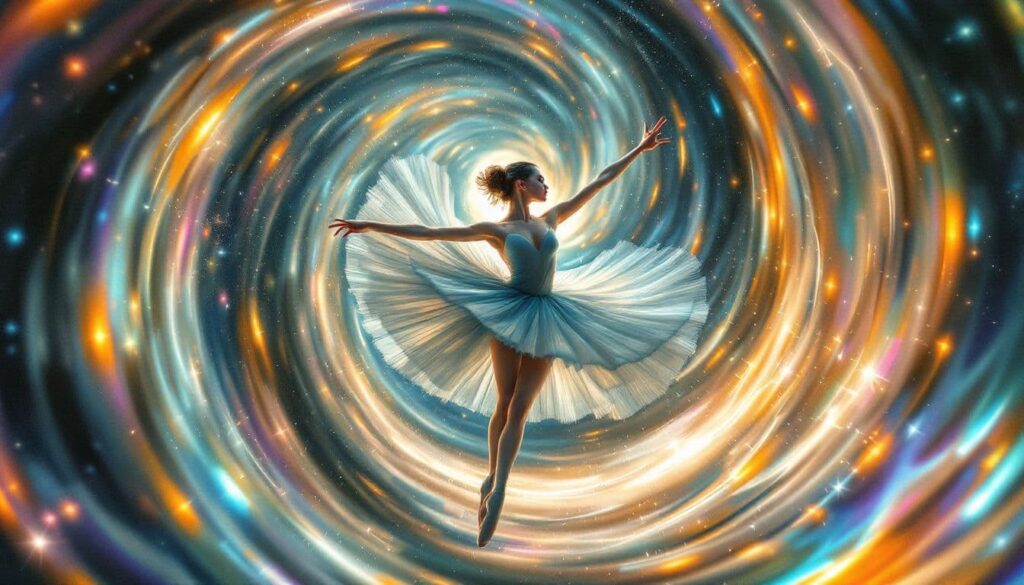 A dynamic image of a ballet dancer in motion, with visual elements representing quantum physics.